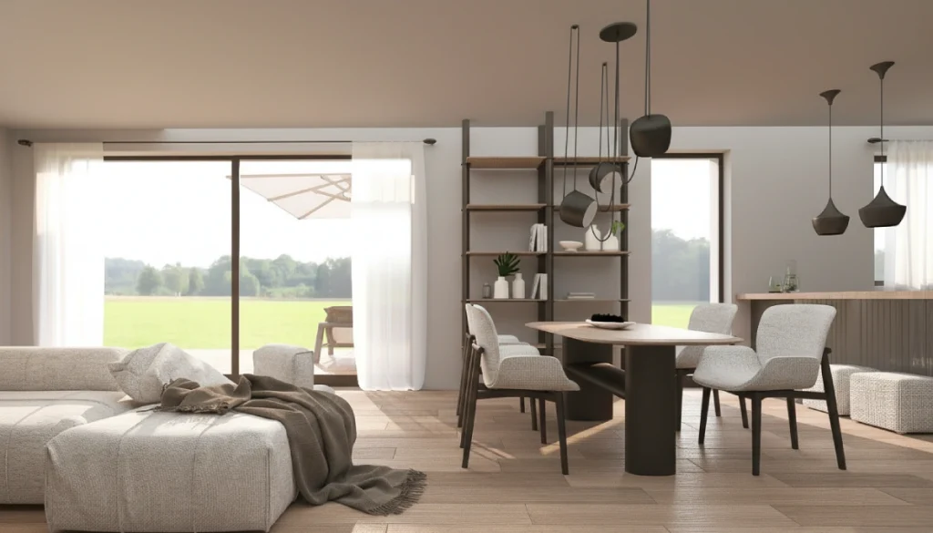 Moderní obývací a jídelní prostor s velkými prosklenými dveřmi do zahrady, světlým nábytkem, dřevěnou podlahou a elegantním osvětlením.
