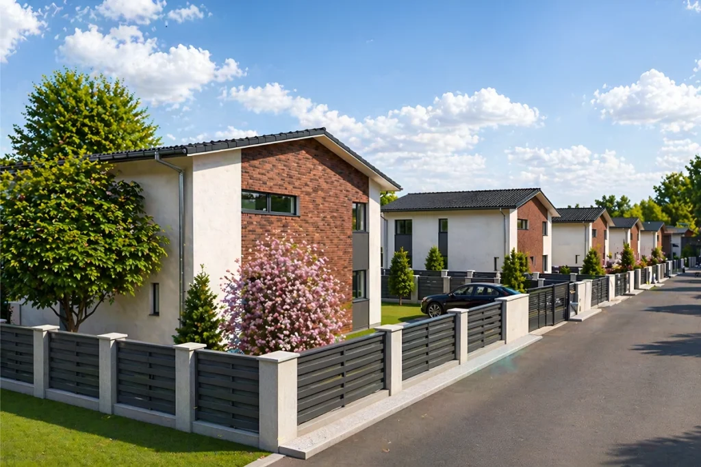 Vizualizace ulice projektu RD Kostelec nad Labem s řadou moderních rodinných domů; kombinace bílé a cihlové fasády, tmavé střechy a ploty s vodorovnými lamelami vytvářejí elegantní, jednotný vzhled rezidenční čtvrti lemované stromy a zelení.