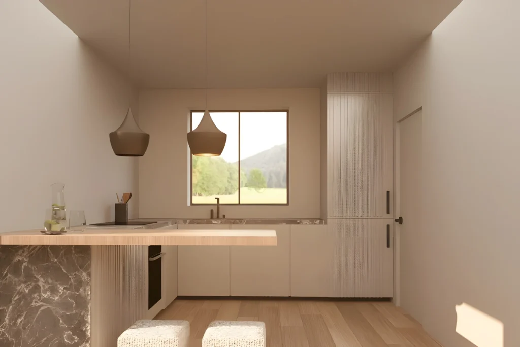 Vizualizace moderní minimalistické kuchyně v rodinném domě RD Kostelec nad Labem.