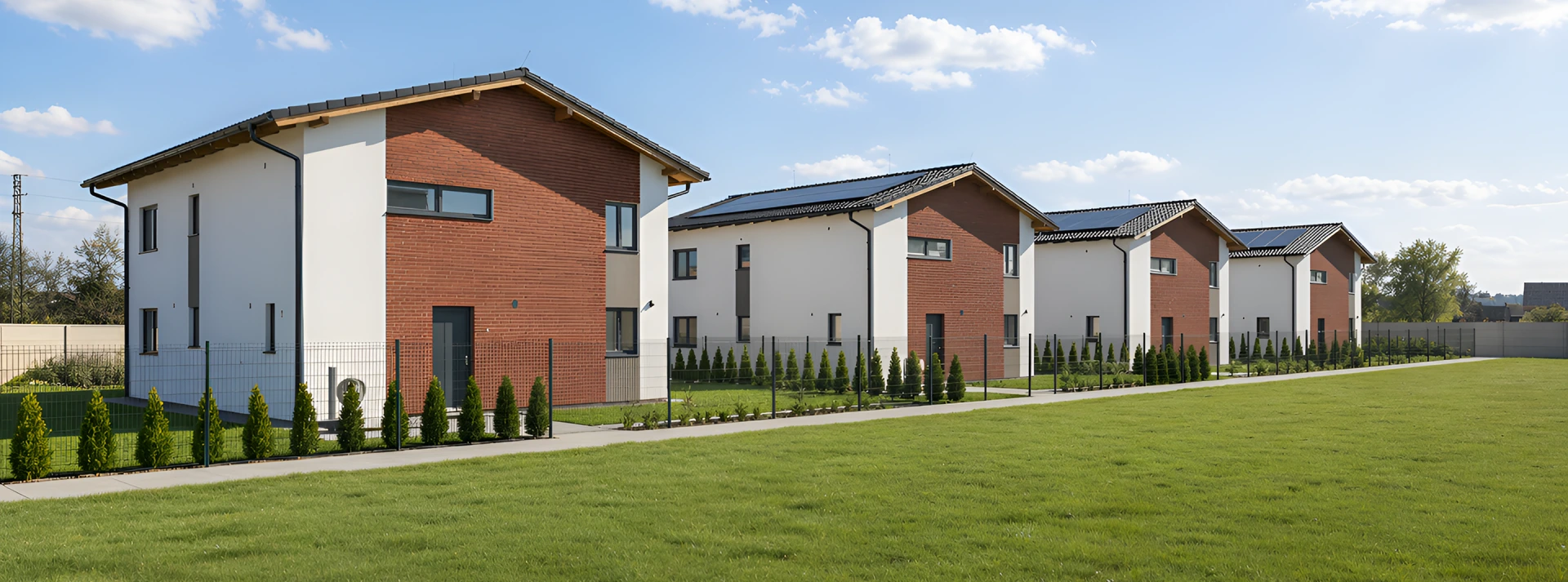 Řada moderních rodinných domů v Kostelci nad Labem s bílou a cihlovou fasádou, tmavými střechami se solárními panely a upravenými zahradami, za slunečného dne