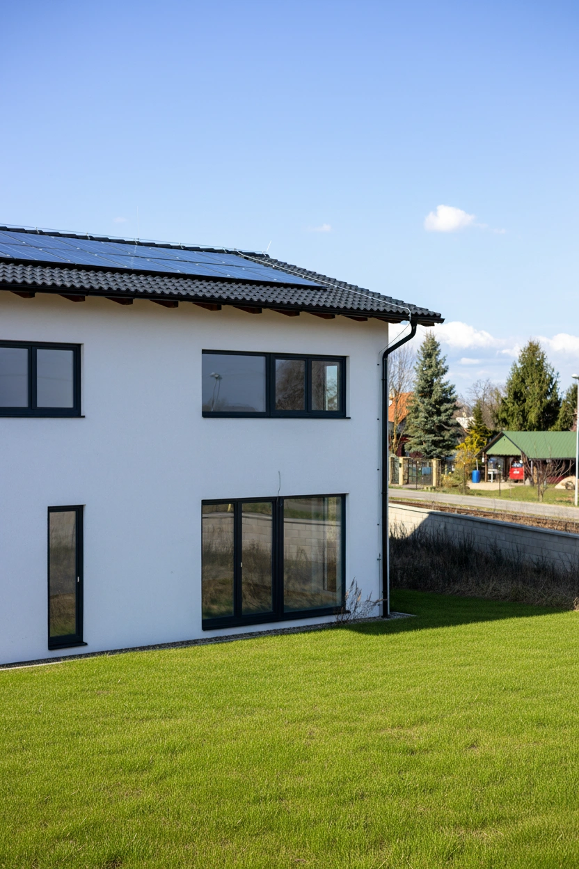 Moderní rodinný dům projektu RD Kostelec nad Labem s bílou fasádou, tmavou taškovou střechou se solárními panely, velkými okny a upraveným zeleným trávníkem za slunečného dne.