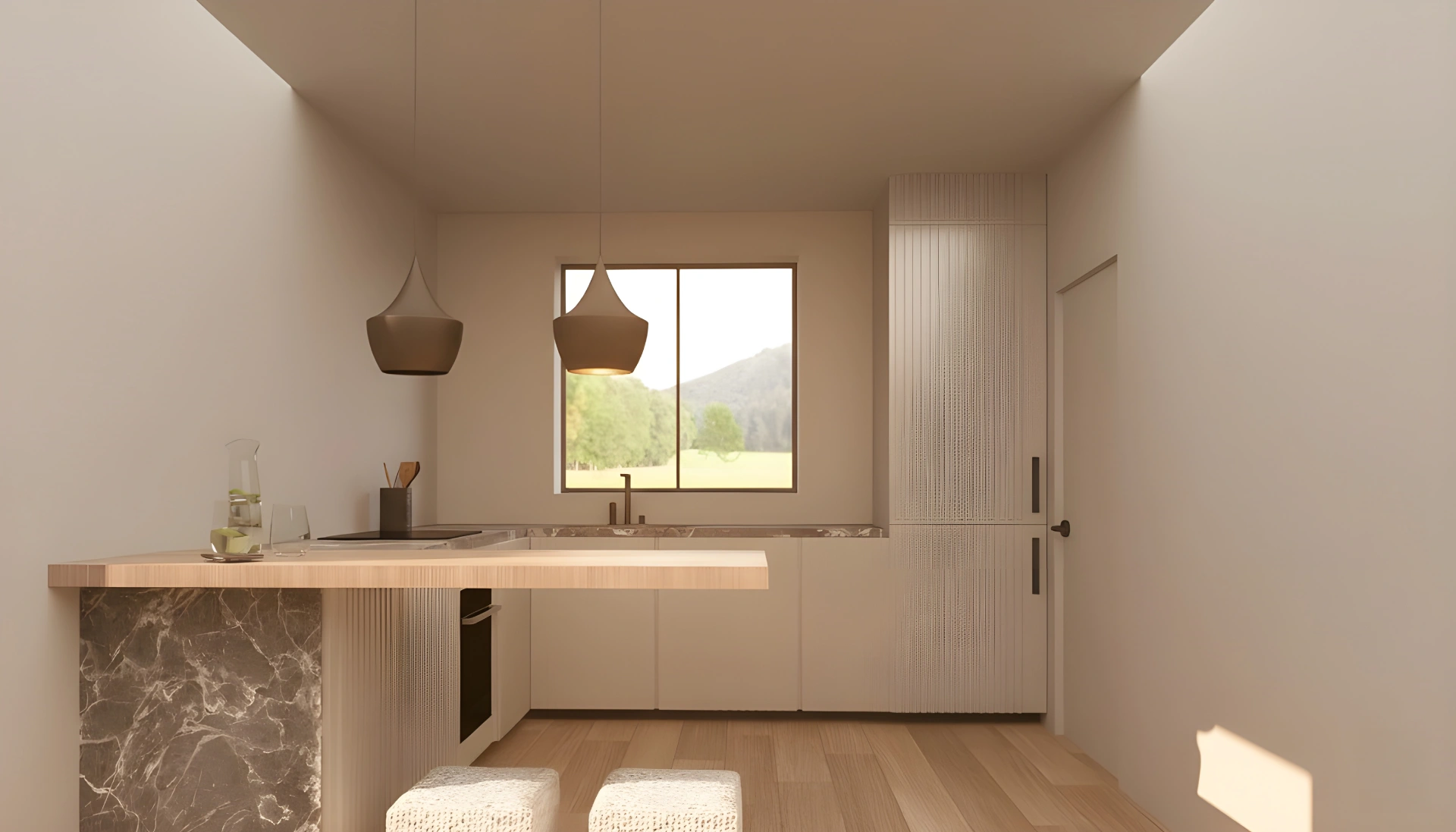 Moderní minimalistická kuchyně v rodinném domě v Kostelci nad Labem s dřevěnou podlahou, světlým nábytkem, mramorovým detailem a výhledem na zeleň za oknem.