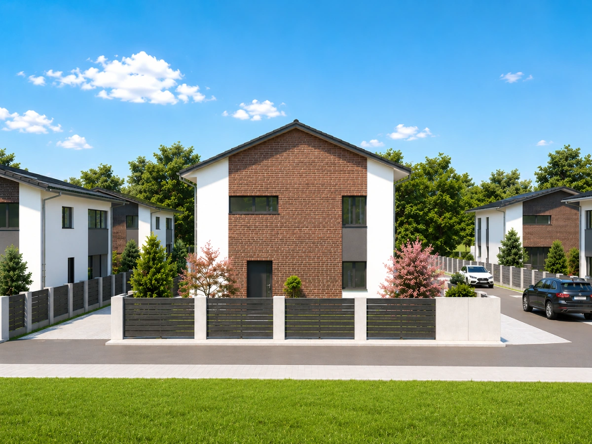 Vizualizace moderní rezidenční čtvrti RD Kostelec nad Labem – řada novostaveb rodinných domů s kombinací bílé a cihlové fasády, upravenými zahradami, ploty a zaparkovanými auty pod modrou oblohou.